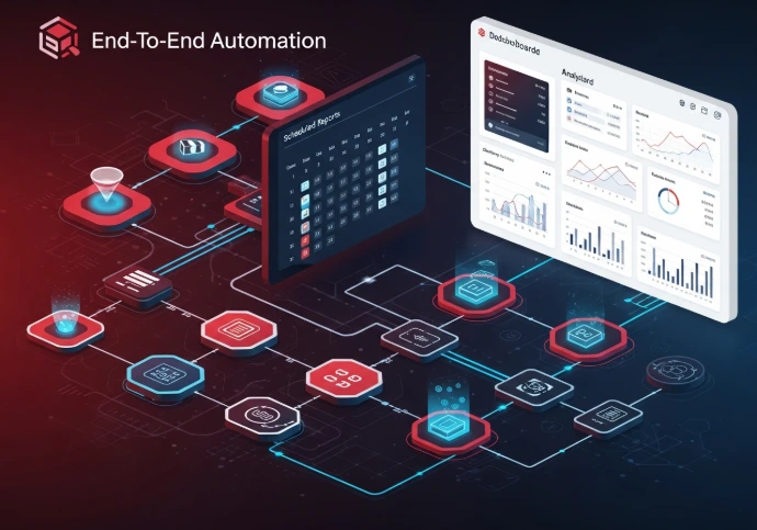 Technology dashboard interface with glowing blue icons representing automation tools.&#34;